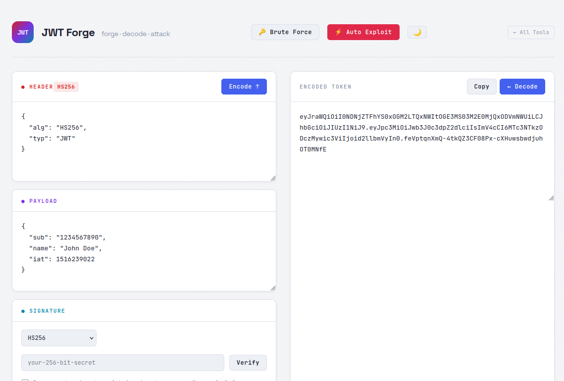 JWT Forge Auto Exploit UI showing the input panel and exploit button