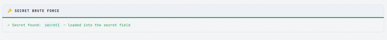 Secret Brute Force panel showing a successful match highlighted in green